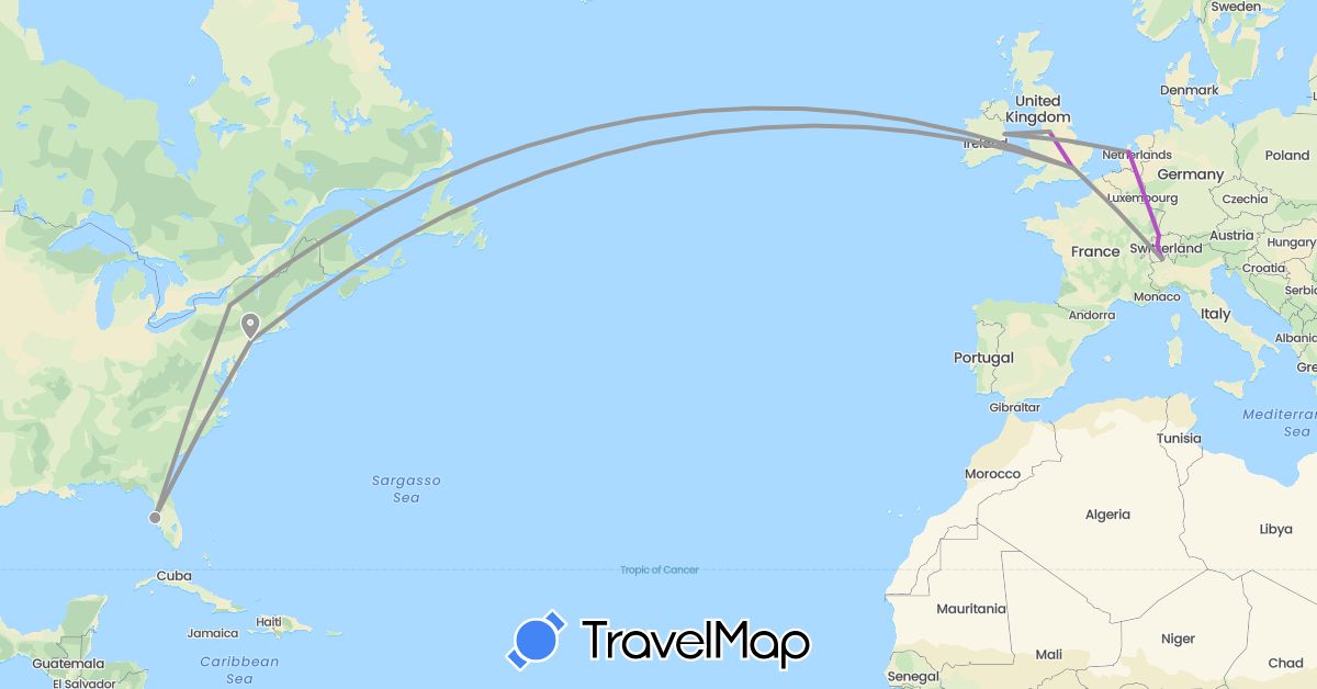TravelMap itinerary: driving, plane, train in Switzerland, United Kingdom, Ireland, Netherlands, United States (Europe, North America)